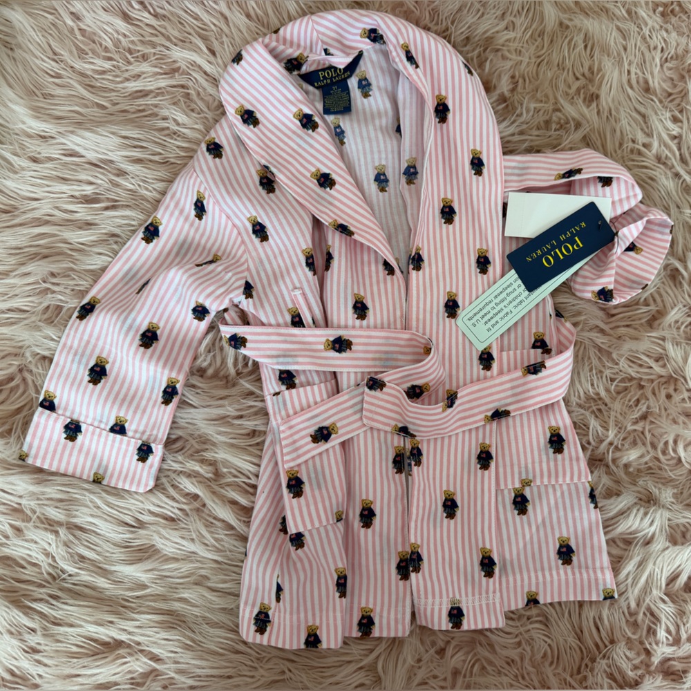 Polo by Ralph Lauren Pink Striped Kids Pajama Robe with Bear Print